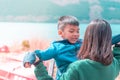 Mother and Son playing near Ashi Lake in Hakone, Japan Royalty Free Stock Photo