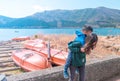Mother and Son playing near Ashi Lake in Hakone, Japan Royalty Free Stock Photo