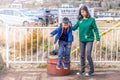 Mother and Son playing near Ashi Lake in Hakone, Japan Royalty Free Stock Photo