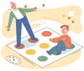 Mother and son playing twister, people spend time together, parent and kid playing indoor game