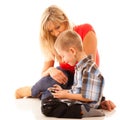 Mother and son playing video game on smartphone Royalty Free Stock Photo