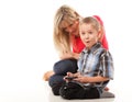 Mother and son playing video game on smart phone Royalty Free Stock Photo