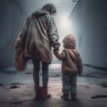 mother and son in precarious homeless conditions , generated by AI