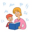 Mother and son reading book and learning alphabet Royalty Free Stock Photo