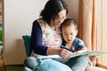 Mother and son reading together