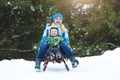 Mother and son ride on sleigh .Child play in snowy forest. Outdoor winter fun for family Christmas vacation. Royalty Free Stock Photo