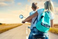 Mother and son rides on motorbike. Royalty Free Stock Photo