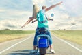 Mother and son rides on motorbike. Royalty Free Stock Photo