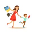 Mother And Son Running Shopping In Department Store ,Cartoon Character Buying Things In The Shop