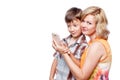 Mother and son with smartphone, wireless technology