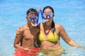 Mother and son snorkeling on the beach Royalty Free Stock Photo