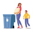 Mother and Son Throw Garbage into Containers with Sign for Recycle Paper. Woman Use Bin for Collecting Litter