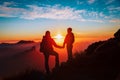 Mother and son travel in mountains at sunset, family hiking in nature Royalty Free Stock Photo
