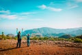 Mother and son travel in nature, family hiking in mountains Royalty Free Stock Photo