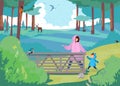 Mother and son walk in forest under rain, family vacation, happy boy, having fun, design cartoon style vector