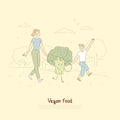 Mother and son on walk in park, parent and child holding hands with smiling broccoli, healthy lifestyle banner