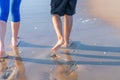 Mother and son walking along the beach. Legs.feet of the mother and the boy walk along the beach.Summer vacation Royalty Free Stock Photo
