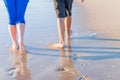 Mother and son walking along the beach. Legs.feet of the mother and the boy walk along the beach.Summer vacation Royalty Free Stock Photo