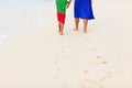 Mother and son walking on beach leaving footprint in sand