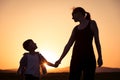 Mother and son walking on the field at the sunset time. Royalty Free Stock Photo