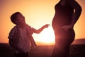 Mother and son walking on the field at the sunset time. Royalty Free Stock Photo