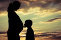 Mother and son walking on the field at the sunset time. Royalty Free Stock Photo