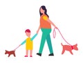 Mother and Son Walking Little Dogs Illustration