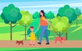 Mother and Son Walking Little Dogs Illustration