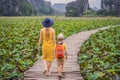 Mother and son in a yellow on the path among the lotus lake. Mua Cave, Ninh Binh, Vietnam. Vietnam reopens after