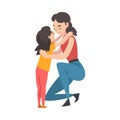 Mother squatted and hugs daughter cartoon vector illustration