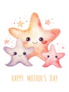 Mother starfish hugging two child. Ocean animals cute illustration isolated on white background. Happy mothers day card. Royalty Free Stock Photo