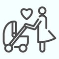 Mother with stroller line icon. Child carriage with mom vector illustration isolated on white. Parent with pram outline Royalty Free Stock Photo