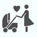 Mother with stroller solid icon. Child carriage with mom vector illustration isolated on white. Parent with pram glyph Royalty Free Stock Photo