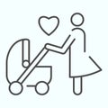 Mother with stroller thin line icon. Child carriage with mom vector illustration isolated on white. Parent with pram Royalty Free Stock Photo