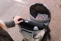 Mother strolling with newborn outside. Mother`s hands