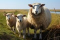 Mother Suffolk sheep with two lambs on a serene marsh.