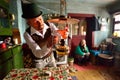 Mother and sun in the Carpathian mountain old house