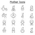 Mother & Super mom icon set in thin line style