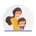 Mother supporting crying little daughter flat vector illustration. Mental disorder, psychotherapy concept. Mom