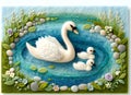 Mother Swan and Cygnets Floating in a Pond