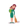 Mother sweeping the floor with baby in her arms, super mom concept vector Illustration Royalty Free Stock Photo