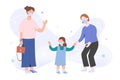 Mother taking child to kindergarten after coronavirus pandemic, waving goodbye, girl and nanny in face masks, children