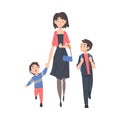 Mother Taking her Children to the School in the Morning, Parent and Kid Walking Together Holding Hands Cartoon Style