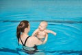 Mother teach baby to swim in water pool. Swimming lessons for children Royalty Free Stock Photo