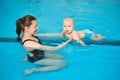 Mother teach baby to swim in water pool. Swimming lessons for children Royalty Free Stock Photo