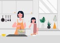 Mother teaches her daughter cooking vegetable soup in kitchen. modern flat cartoon style.