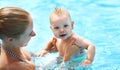 Mother teaching baby swimming pool Royalty Free Stock Photo