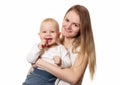 Mother teaching baby teeth brushing. Boy brushing his teeth with a toothbrush for infant. Isolated portrait