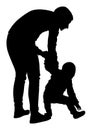 Mother teaching baby to walk, vector silhouette. Babysitter care, Kindergarten teacher.