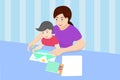 Mother teaching her daughter, Mother helps and teach children how to drawing Royalty Free Stock Photo